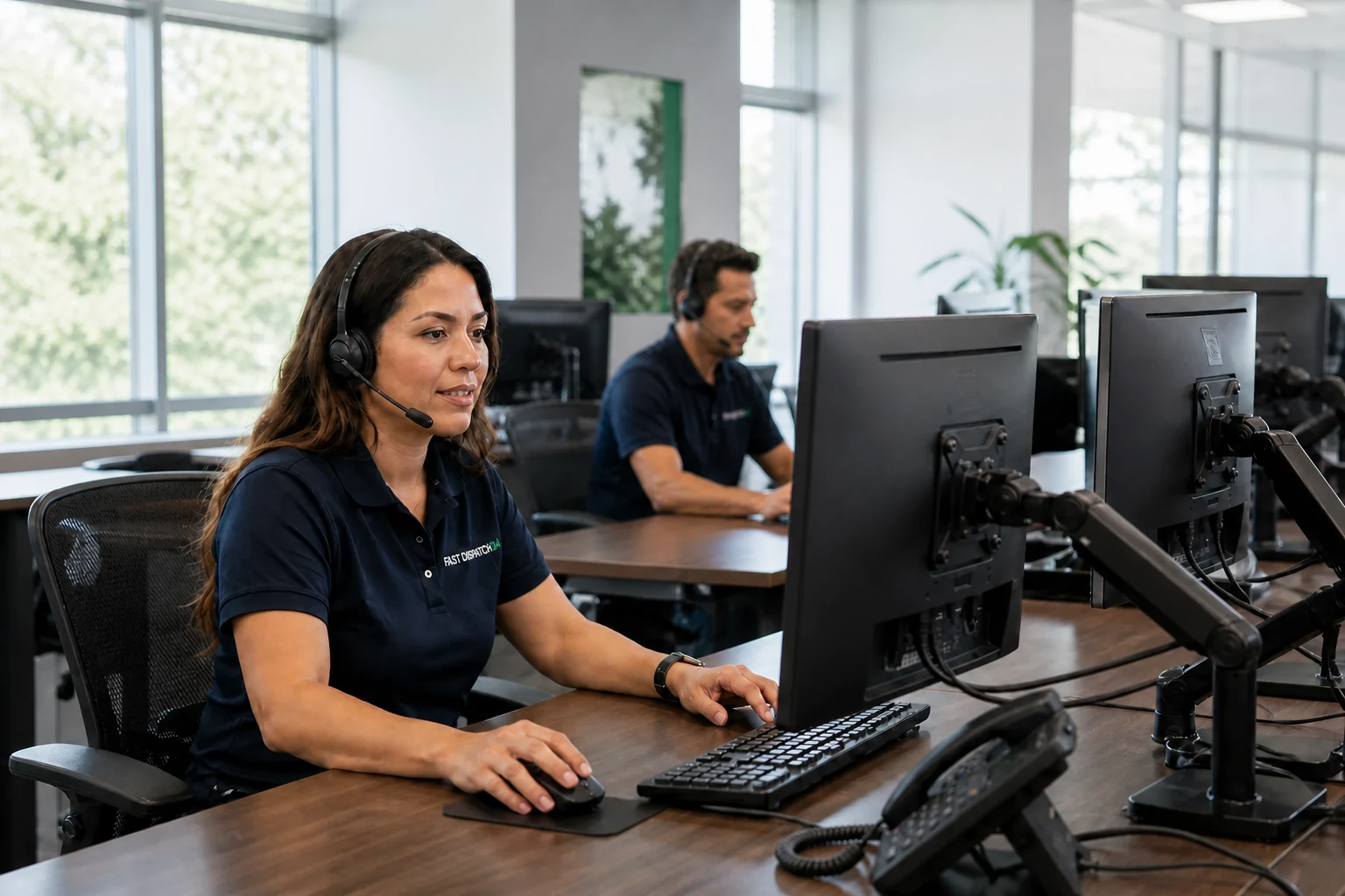 Dispatchers working with dual-monitor freight workstations