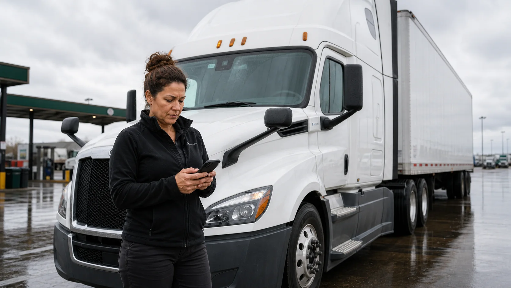 Owner-operator checking a dispatch update beside a white semi-truck